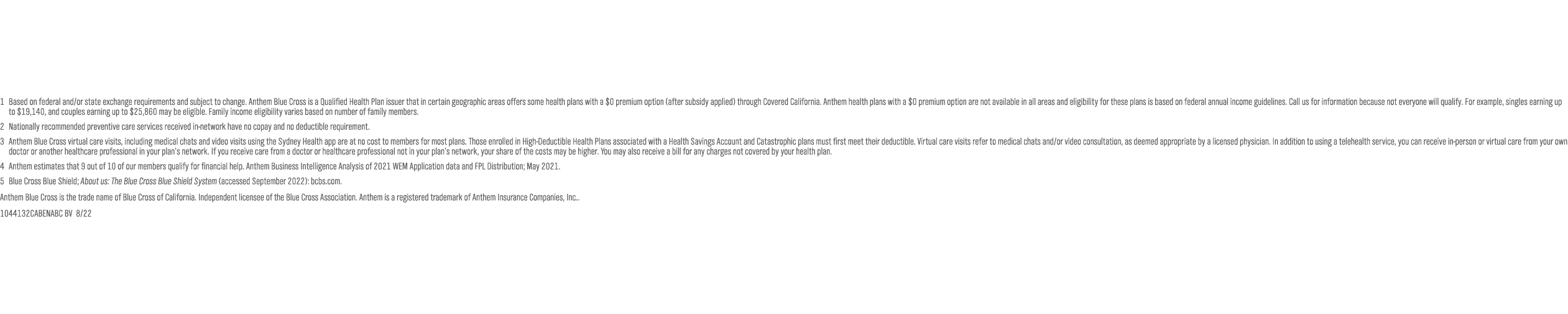 1 Based on federal and/or state exchange requirements and subject to change. Anthem Blue Cross is a Qualified Health Plan issuer that in certain geographic areas offers some health plans with a $0 premium option (after subsidy applied) through Covered California. Anthem health plans with a $0 premium option are not available in all areas and eligibility for these plans is based on federal annual income guidelines. Call us for information because not everyone will qualify. For example, singles earning up to $19,140, and couples earning up to $25,860 may be eligible. Family income eligibility varies based on number of family members. 2 Nationally recommended preventive care services received in-network have no copay and no deductible requirement.  3 Anthem Blue Cross virtual care visits, including medical chats and video visits using the Sydney Health app are at no cost to members for most plans. Those enrolled in High-Deductible Health Plans associated with a Health Savings Account and Catastrophic plans must first meet their deductible. Virtual care visits refer to medical chats and/or video consultation, as deemed appropriate by a licensed physician. In addition to using a telehealth service, you can receive in-person or virtual care from your own doctor or another healthcare professional in your plan’s network. If you receive care from a doctor or healthcare professional not in your plan’s network, your share of the costs may be higher. You may also receive a bill for any charges not covered by your health plan.  4 Anthem estimates that 9 out of 10 of our members qualify for financial help. Anthem Business Intelligence Analysis of 2021 WEM Application data and FPL Distribution; May 2021. 5 Blue Cross Blue Shield; About us: The Blue Cross Blue Shield System (accessed September 2022): bcbs.com.  Anthem Blue Cross is the trade name of Blue Cross of California. Independent licensee of the Blue Cross Association. Anthem is a registered trademark of Anthem Insurance Companies, Inc.. 1044132CABENABC BV  8/22