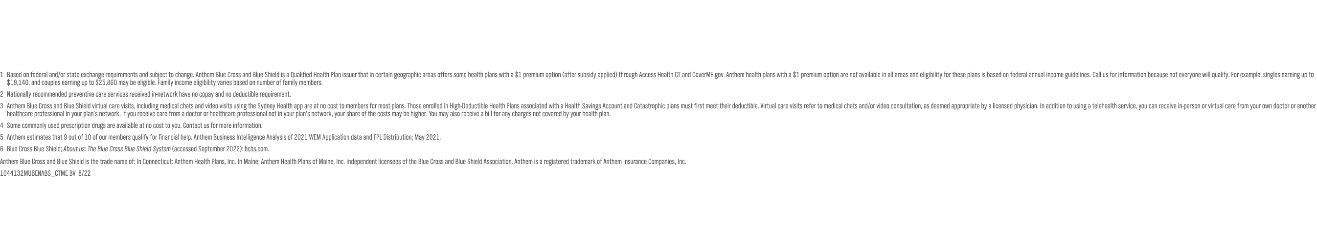 1 Based on federal and/or state exchange requirements and subject to change. Anthem Blue Cross and Blue Shield is a Qualified Health Plan issuer that in certain geographic areas offers some health plans with a $1 premium option (after subsidy applied) through CoverME.gov. Anthem health plans with a $1 premium option are not available in all areas and eligibility for these plans is based on federal annual income guidelines. Call us for information because not everyone will qualify. For example, singles earning up to $19,140, and couples earning up to $25,860 may be eligible. Family income eligibility varies based on number of family members. 2 Nationally recommended preventive care services received in-network have no copay and no deductible requirement.  3 Anthem Blue Cross and Blue Shield virtual care visits, including medical chats and video visits using the Sydney Health app are at no cost to members for most plans. Those enrolled in High-Deductible Health Plans associated with a Health Savings Account and Catastrophic plans must first meet their deductible. Virtual care visits refer to medical chats and/or video consultation, as deemed appropriate by a licensed physician. In addition to using a telehealth service, you can receive in-person or virtual care from your own doctor or another healthcare professional in your plan’s network. If you receive care from a doctor or healthcare professional not in your plan’s network, your share of the costs may be higher. You may also receive a bill for any charges not covered by your health plan.  4 Some commonly used prescription drugs are available at no cost to you. Contact us for more information. 5 Anthem estimates that 9 out of 10 of our members qualify for financial help. Anthem Business Intelligence Analysis of 2021 WEM Application data and FPL Distribution; May 2021. 6 Blue Cross Blue Shield; About us: The Blue Cross Blue Shield System (accessed September 2022): bcbs.com.  Anthem Blue Cross and Blue Shield is the trade name of: In Connecticut: Anthem Health Plans, Inc. In Maine: Anthem Health Plans of Maine, Inc. Independent licensees of the Blue Cross and Blue Shield Association. Anthem is a registered trademark of Anthem Insurance Companies, Inc. 1044132MUBENABS_CTME BV  8/22