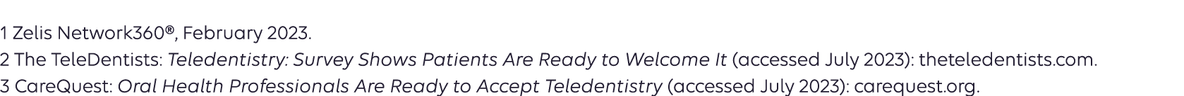 1 Zelis Network360®, February 2023. 2 The TeleDentists: Teledentistry: Survey Shows Patients Are Ready to Welcome It ...