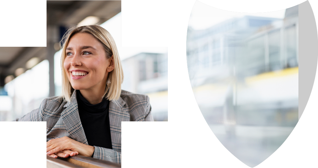 Picture of a business woman inside a cross and shield supergraphic frame