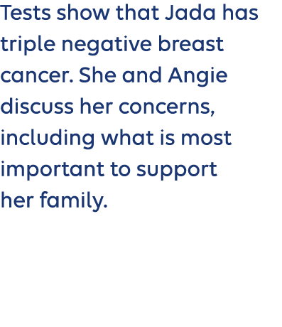 Tests show that Jada has triple negative breast cancer. She and Angie discuss her concerns, including what is most im...